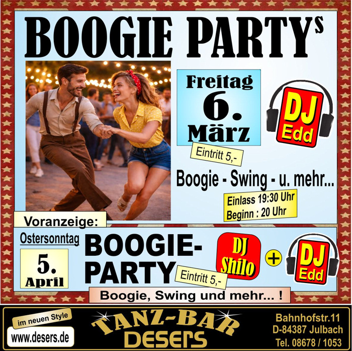 06.03.2026 Boogieparty im Deser's in Buch mit DJ. Edd