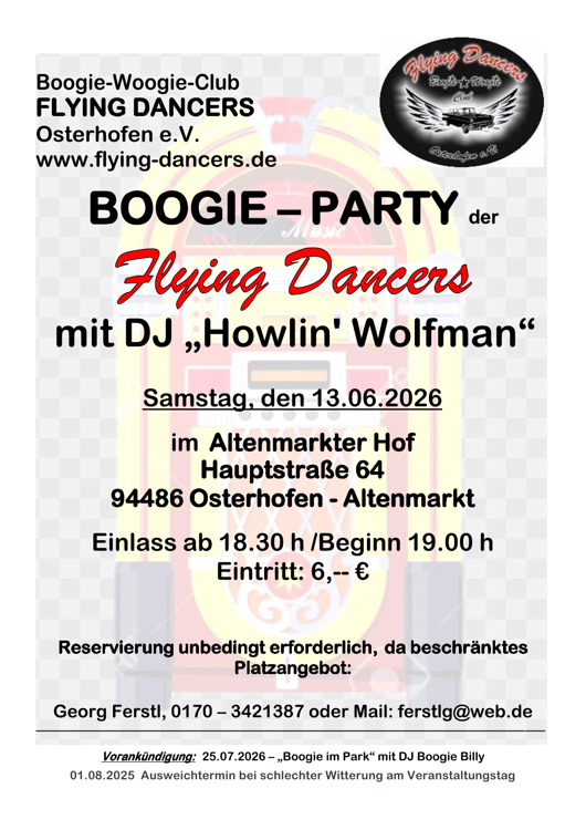 13.06.2026 Boogieparty der Flying Dancers, Osterhofen im�Altenmarkter Hof, Hauptstra�e 64, 94486 Osterhofen/Altenmarkt DJ. Howlin Wolfman
